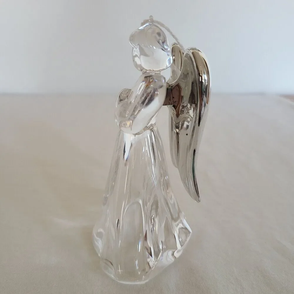 Vintage Clear Acrylic Praying Angel Ornament Silver Toned Wings Holiday Decor